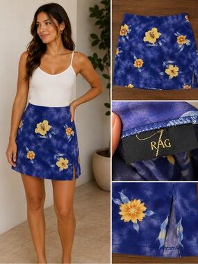 Vintage RAG Blue Floral Mini Skirt Y2K Tropical Slip Skirt